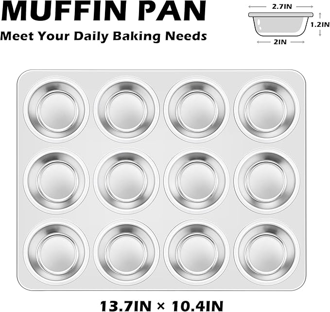 Leonyo 12-Cup Cupcake Pan, Stainless Steel Standard Size Cupcake Pans Tray for Baking, Metal Non-Toxic Muffin Tins, Dishwasher Oven Safe