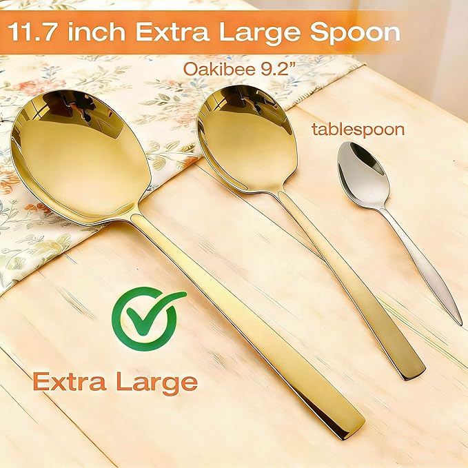 Extra Large Serving Spoons Set 11.7-Inch Gold Serving Slotted Spoon x 3 Serving Spoon x 3, 18/8 Stainless Steel Big Serving Utensil for Buffet, Parties, Catering - Dishwasher Safe(6-Pack, Gold)