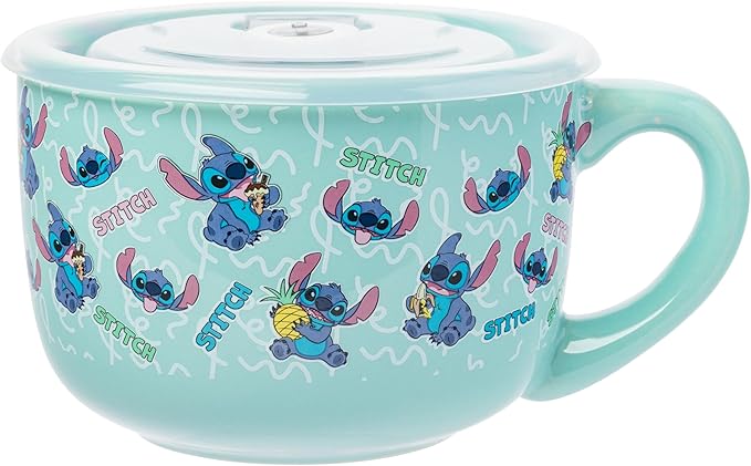 Silver Buffalo Disney Lilo and Stitch Snack and Food Pattern Ceramic Soup Mug with Vented Plastic Lid, 24 Ounces