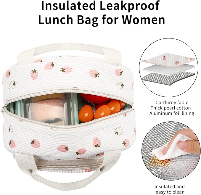 Lunch Bag Women Lunch Box for Women Adult Cute Insulated Lunch Bag Small Cooler Lunch Tote Bags for Work Picnic Travel (Beige-Light Strawberry)