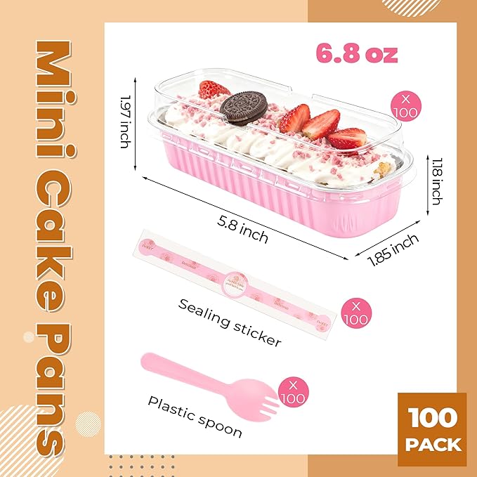 100 Pack Mini Loaf Pans with Lids Rectangle Individual Cake Pans Aluminum Foil Pans for Large Gatherings Picnics Vacations Parties(Pink, 6.8 OZ)