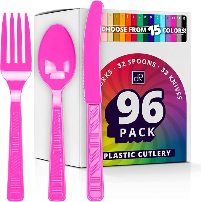DecorRack Plastic Cutlery Set, Fuchsia Pink Colored Plastic Silverware Sets for Parties, 96 Piece Bulk Heavy Duty Utensils (Fuchsia Pink, 96 Pieces)