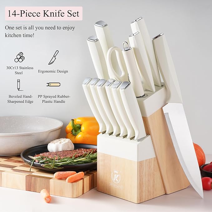 Knife Set, 14-Piece Kitchen Knife Block Set Dishwasher Safe with Wood Block and Sharpener,Non Stick Sharp Stainless Steel Chef Knife Sets for Cooking
