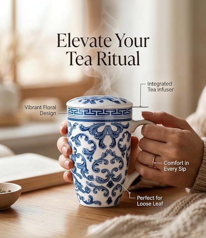 AmorArc Porcelain Tea Mug with Infuser and Lid – 18oz Loose Leaf Tea Cup with Handle, Gift for Tea Lovers (Men & Women)