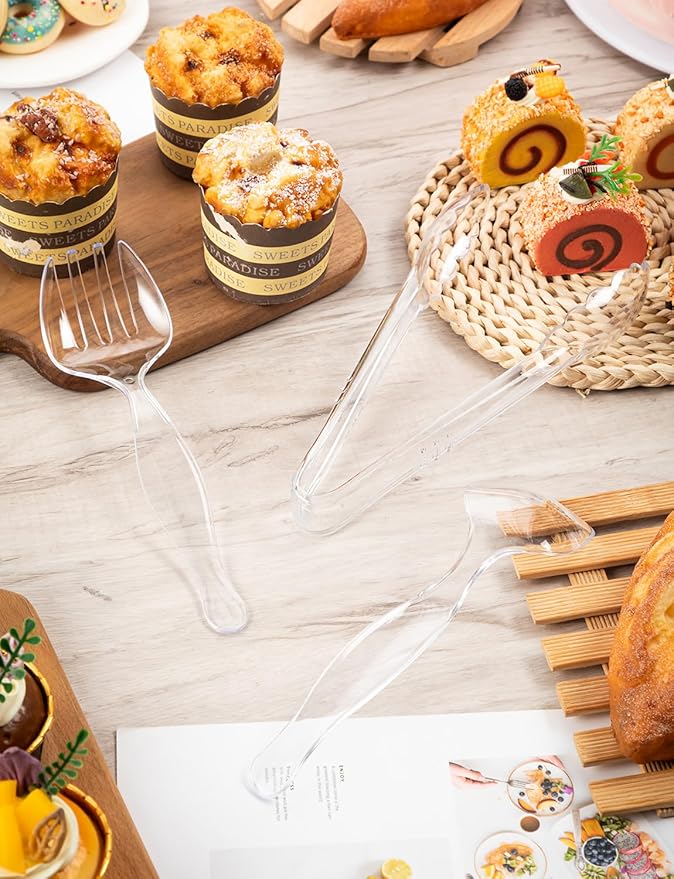 Plastic Serving Utensils, Clear Serving Spoons Set Including 8 Disposable Plastic Tongs 16 Spoons and 16 Forks Supplies for Catering, Entertaining and Parties