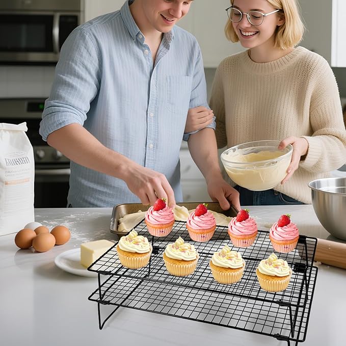2-Pack 16.9x11inch Cooling Rack with Collapsible Legs & Stainless Steel Food Tongs - Folding Cooking Baking Grilling Rack for Oven, Drying, Roasting (Black)