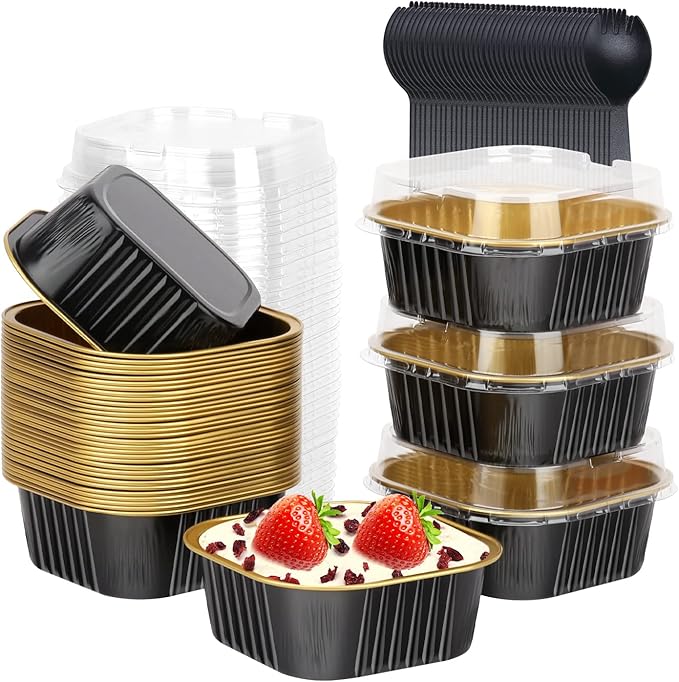 LNYZQUS 5oz Cupcake Mini Cake Pans with Lids 40 Pack, Aluminum Foil Cupcake Cups Brownie Baking Pans,Square Disposable Ramekins Baking Cups,Small Muffin Tin Holders-Black In Gold