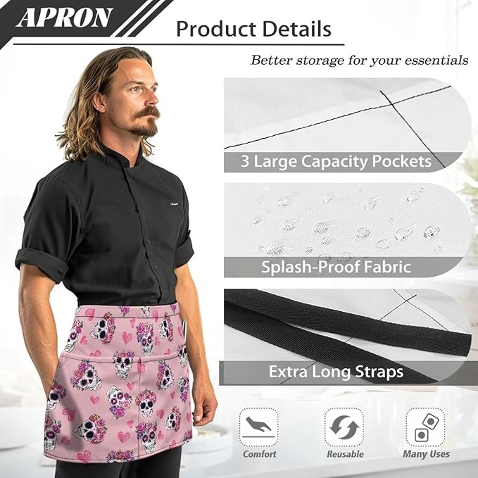 Server Waitress Waist Apron with 3 Pockets, Short Aprons for Servers,Waiter Apron For Waiter Accessories
