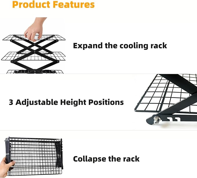 4 Tier Collapsible Cooling Rack, Adjustable Stackable Wire Cooling Racks for Baking, Tight-Grid Cookie Cooling Rack, Space-Saving Baking Rack for Small Kitchen, Camping & BBQ