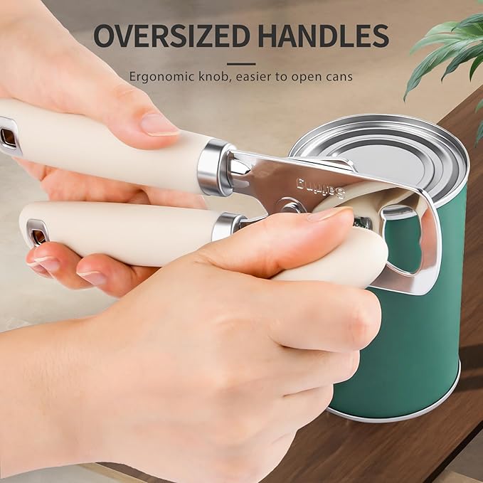 Can Opener Manual, Heavy Duty Stainless Steel Smooth Edge Can Openers With Soft Touch Handle, Oversized Handheld Easy Turn Knob, Multi-Function Bottle Opener, Beige
