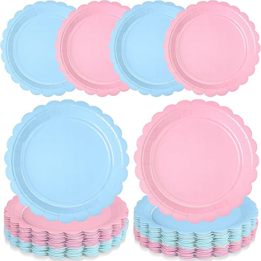 48 Pcs Gender Reveal Paper Plates for Boy or Girl Themed Party, 7" Light Pink and Blue Birthday Party Scalloped Round Dessert Plate for Baby Shower, Birthday, Wedding Party Decorations