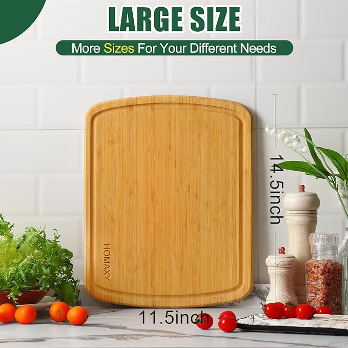 Homaxy Large Bamboo Cutting Boards for Kitchen,14.5x11.5" Wood L Cutting Board with Juice Groove, Wooden Butcher Block Chopping Board for Kitchen, Meat, Cheese, Fruit & Vegetables - Pre Oiled