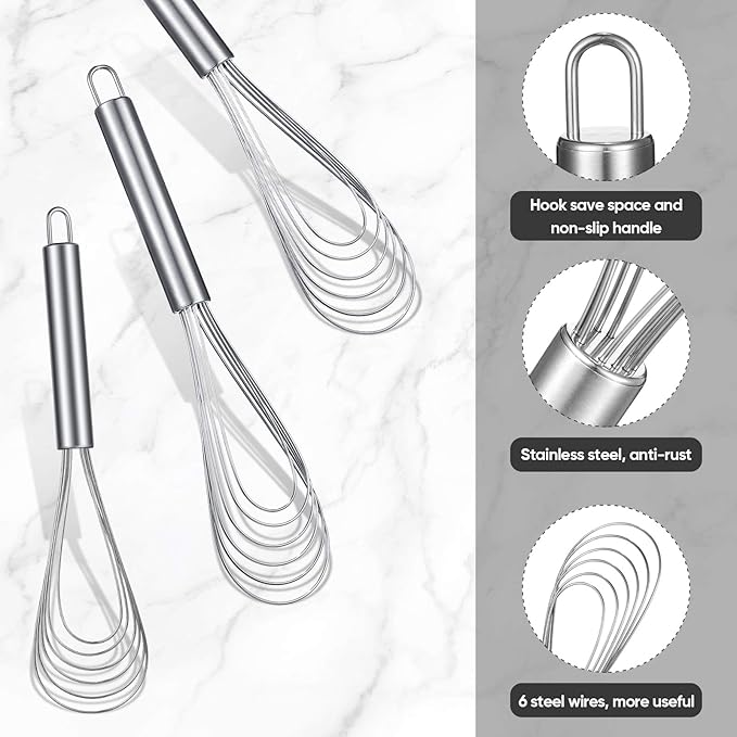 Patelai 3 Pieces Stainless Steel Kitchen Flat Whisk Set Stainless Steel Flat Wire Egg Utensils Whisk for Cooking Blending Whisking Beating(8 Inch,10 Inch,11.6 Inch)