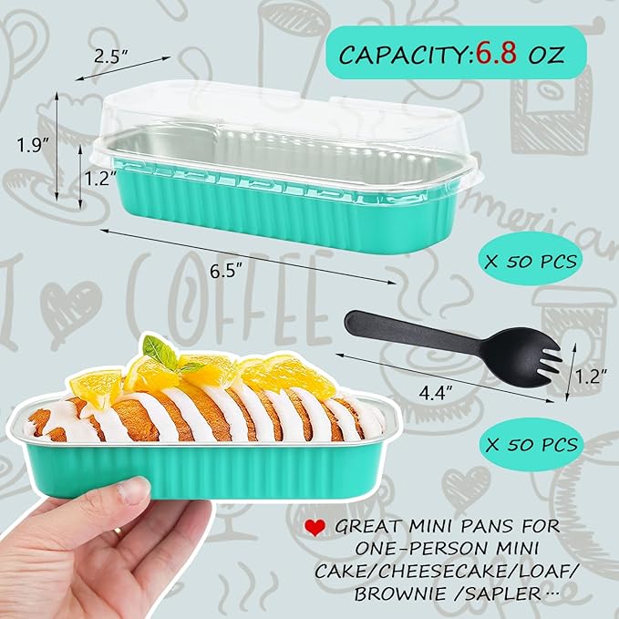 Aluminum Foil Mini Loaf Pans With Lids 50 Pack,LNYZQUS 6.8oz Rectangle Baking Cups Muffin Tins,Disposable Baking Tins Mini Baking Pans Holders -Cyan Blue