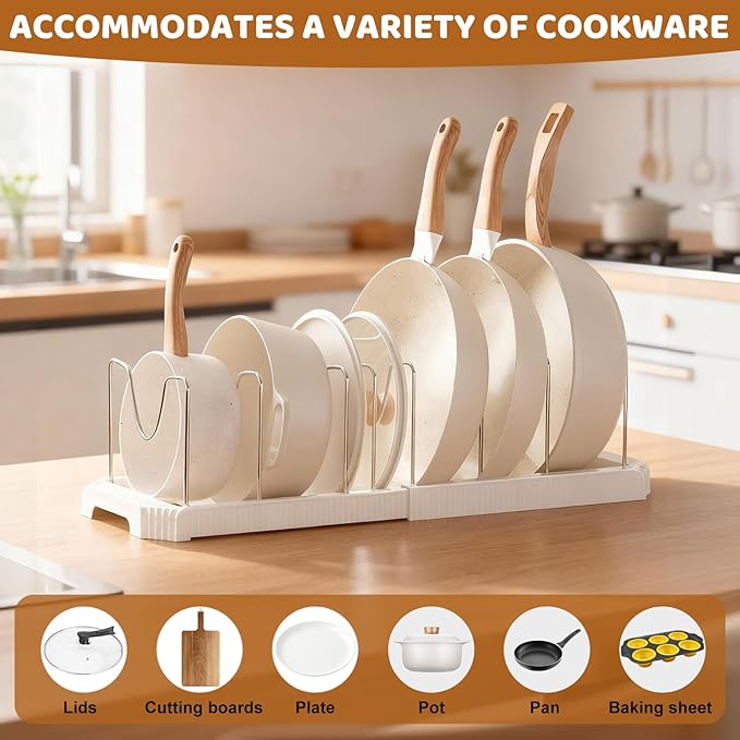 Pots and Pans Organizer Under Cabinet, 14-Slot Expandable Pot Rack Organizer with Cup Brush, Kitchen Pots and Pans Organizer for Cookware, Lids, Bakeware, Cutting Boards Tool-Free Installation (White)