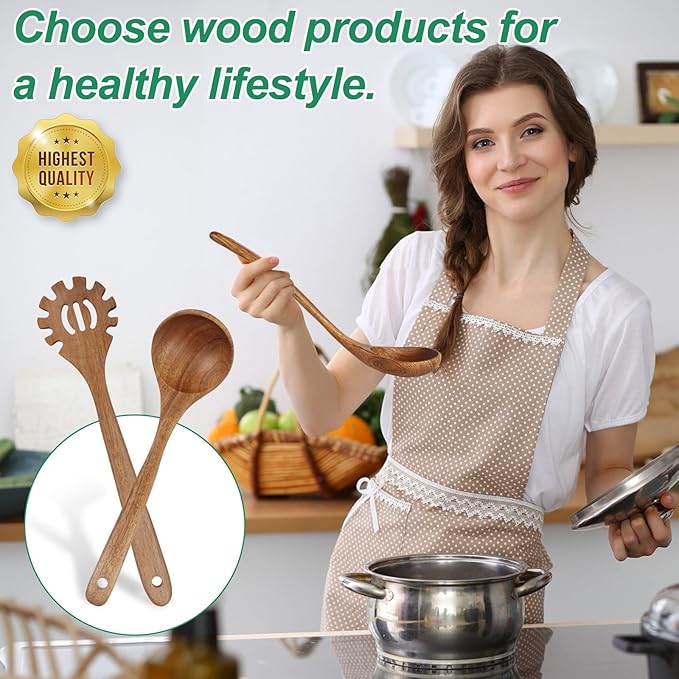 Wooden Ladles for Cooking, 2-Piece Soup Ladle & Pasta Spoon Set, Natural Teak Wood Soup Ladle and Slotted Spaghetti Spoon for Cooking, Serving and Stirring