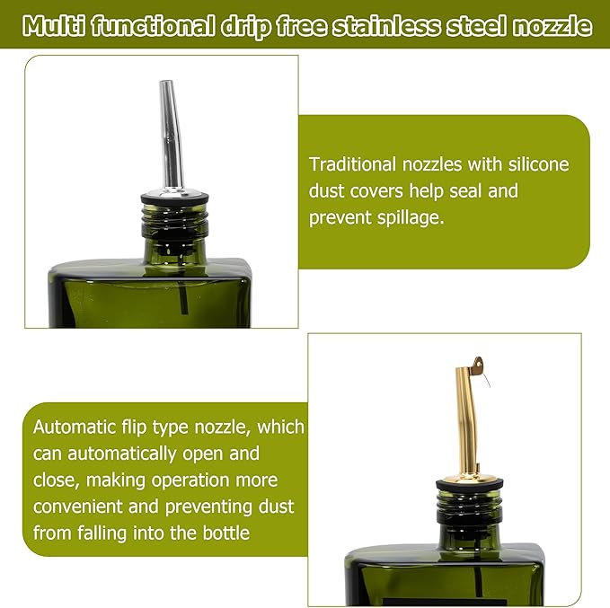R DRURLCD Green Glass Olive Oil Dispenser, 16.9oz/500ml Curved Cooking Oil and Vinegar, Soy Sauce Dispenser, Coffee Syrup Bottles，2 Gold Silver Stainless Steel Pourers, 36 Labels，Funnel