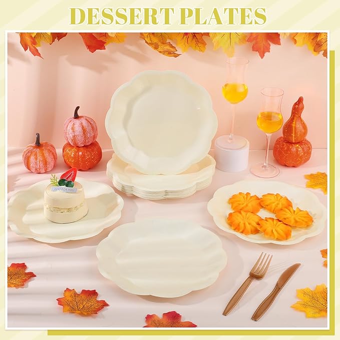 30 Pcs Paper Plates 9 In Cream Party Plates Scalloped Paper Plate Elegant Disposable Plate for Baby Shower, Bridal Shower, Birthday, Wedding