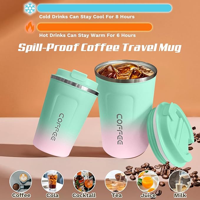 Travel Coffee Mug Leak-Proof, Reusable Coffee Cups with Lids, Stainless Steel Vacuum Insulated Coffee Tumblers, Thermal Insulation Cup for Men and Women Hot & Cold Drinks(2nd-Green Pink, 17OZ)