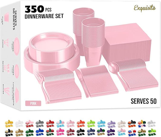 350 Pcs Pink Plastic Plates For Party, Pink Disposable Plates Set, 50 Of Each 9" Dinner Plate Set, 7" Dessert Plate, Cups, Napkins & Cutlery Plastic Dinnerware Set Exquisite
