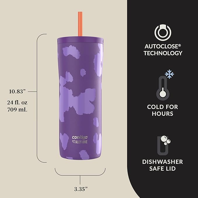 Contigo x Ally Love Streeterville Stainless Steel Tumbler with Straw, Easy Clean Lid, Leak Proof, BPA Free, 24oz, Violet