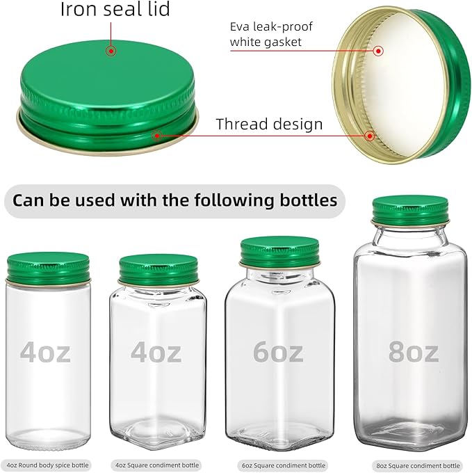48 Pcs iron Jar Lids Lids for 4 oz and 6 oz Square Spice Jars Reusable Can Airtight Spice Storage Canning Lids for Nice Sealing Kitchen (Green)