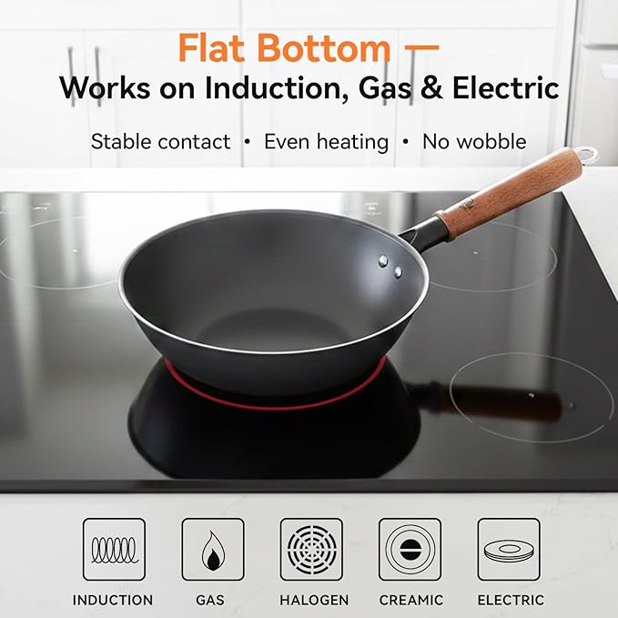 WANGYUANJI Carbon Steel Wok Pan - 10 Inch Nitrided Rust Resistant Stir Fry Pan, Flat Bottom Deep Iron Skillet with Lid, Lightweight Induction Cookware for 1-2 People, No Chemical Coating (26cm)