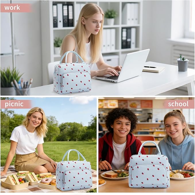 Lunch Box for Women Insulated Lunch Bag Women Adult Cute Lunch Bags Reusable Lunchbox Cooler Tote Bag for Work Picnic (Blue-Strawberry)