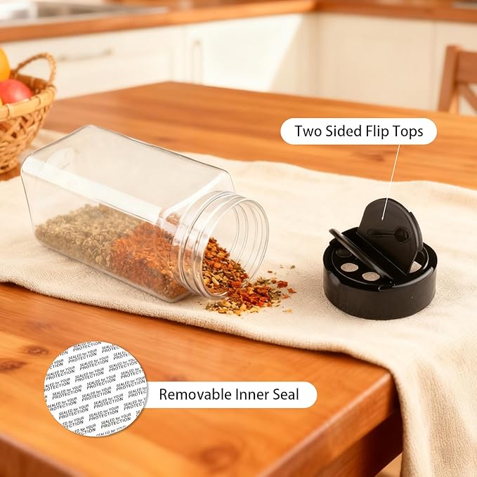 PineHaven 28 Pcs 9 oz Plastic Spice Jars with Black Cap,Square Plastic Bottle Containers with Lid and Stickers,Empty Seasoning Bottles Clear Spice Shaker for Storage Spices,Powders and Herbs