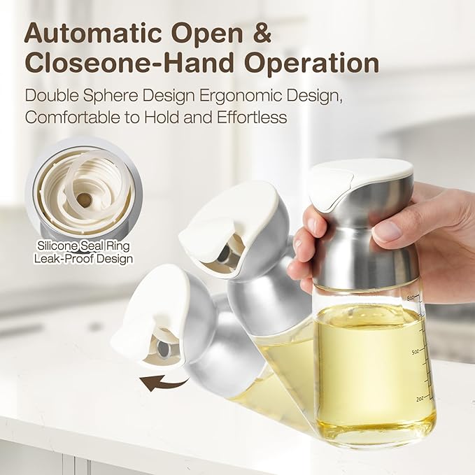 Vucchini Oil Dispenser for Kitchen Stainless Steel Olive Oil Dispenser Bottle 9 Ounce with Non- Drip Spout Glass Vinegar Soy Sauce Dispenser for Cooking, Salad