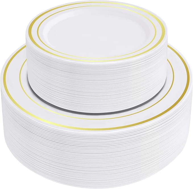 SETUP 100-Piece Gold Trim Plastic Dinnerware Set – 50 10.25" Dinner & 50 7.5" Salad Plates – Heavy-Duty Disposable for Weddings, Catering, Parties