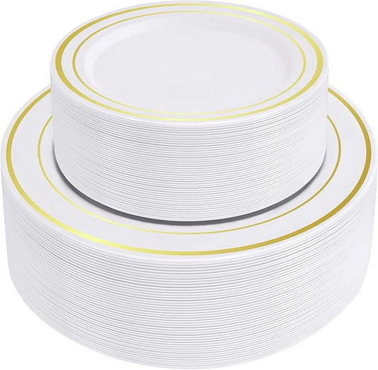 SETUP 100-Piece Gold Trim Plastic Dinnerware Set – 50 10.25" Dinner & 50 7.5" Salad Plates – Heavy-Duty Disposable for Weddings, Catering, Parties
