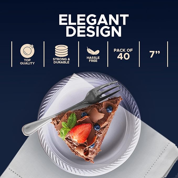 Clear Disposable Plastic Plates [Set of 40 | 7-inch Plates] Elegant Party Dinner Plates-Microwave Safe Plastic Dish Set- Sturdy Rimmed Plates For Weddings, Parties, Kitchen Use