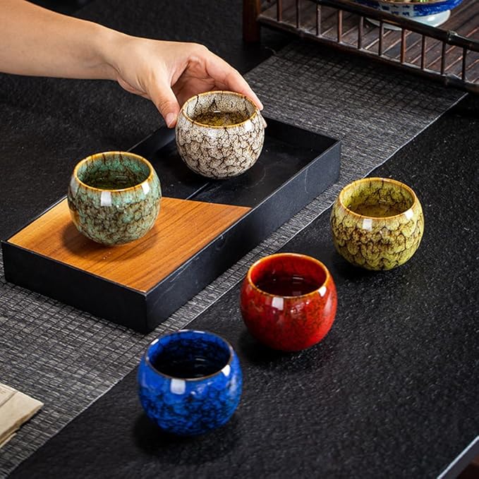 5Pcs Ceramic Tea Cup Set, 6oz Chinese Tea Cups with Designed Gift Box - 5 Stylish Colors