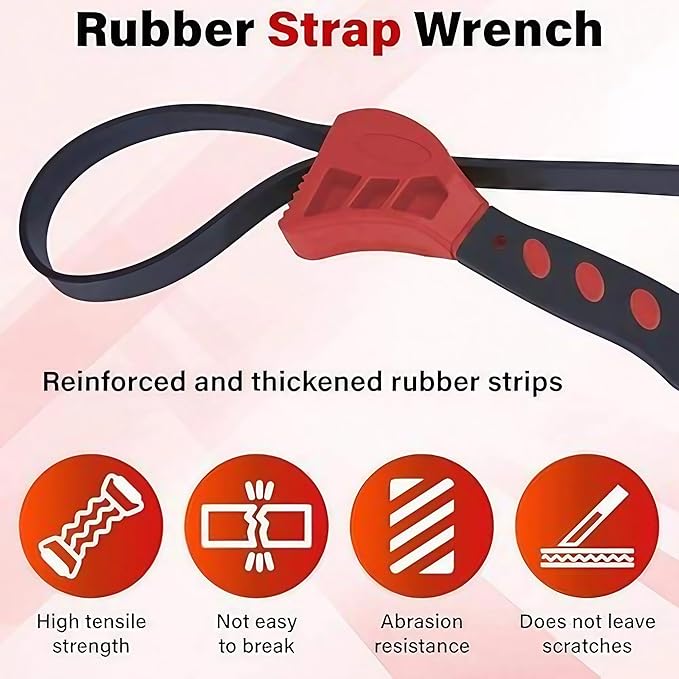 2-Pack Adjustable Rubber Strap Wrench Set – 25.20" & 20.48" Heavy-Duty Strap Wrench for Oil Filter, Jar Opener, Water Filter, Plumbing, Sink, Faucet – Non-Slip Multipurpose Wrench Tool (Red)