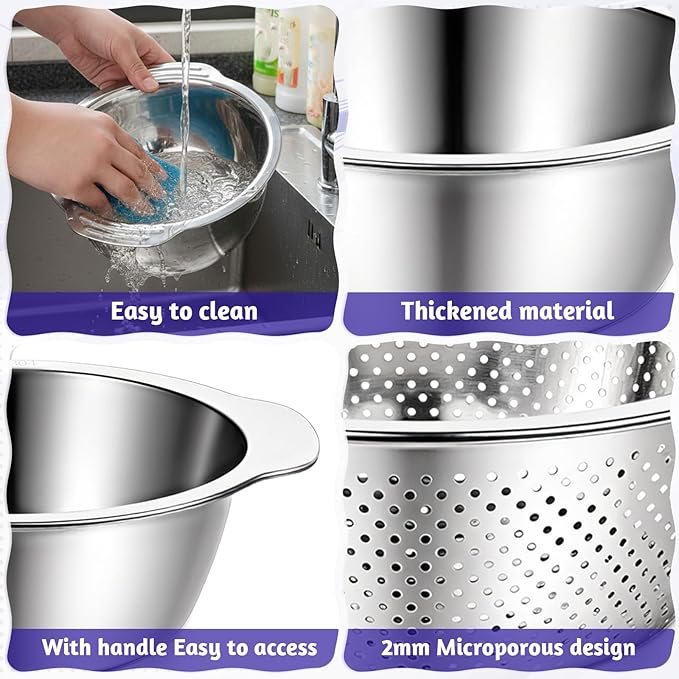 304 Stainless Steel Microporous Colander with Handle, 2QT Rice Washer Strainer with Mixing Bowl, Stainless Steel Colander for Kitchen, Microporous Strainer Set for Washing Vegetables Fruits Rice