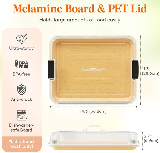 Lifewit 1 Compartment Melamine Charcuterie Board, 11 x 14 Inch Portable Cheese Board with Plastic Lockable Clear Lid, Travel Charcuterie Board Serving Platter with Cover for Snacks, Fruit, Appetizers