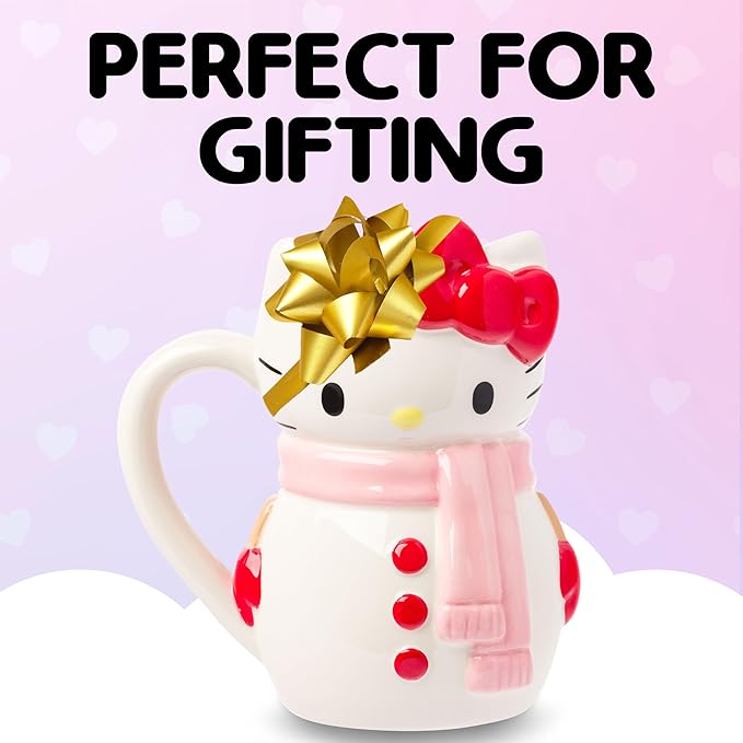 Silver Buffalo Sanrio Hello Kitty Christmas Holiday Snow Man Ceramic 3D Sculpted Mug, 20 Ounces