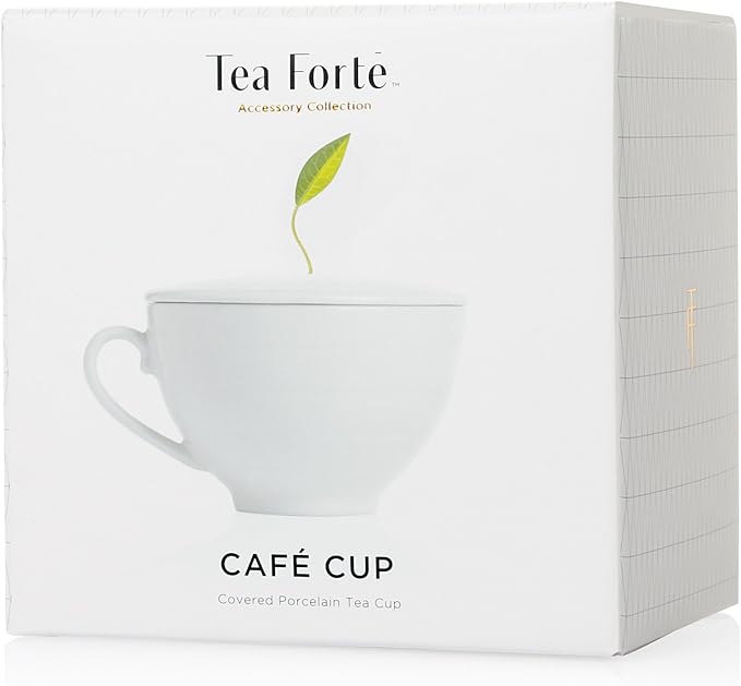Tea Forte Cafe Cup White Porcelain Tea Cup and Lid, Easter Basket Ideas, Steeps 8 oz., Microwave and Dishwasher Safe