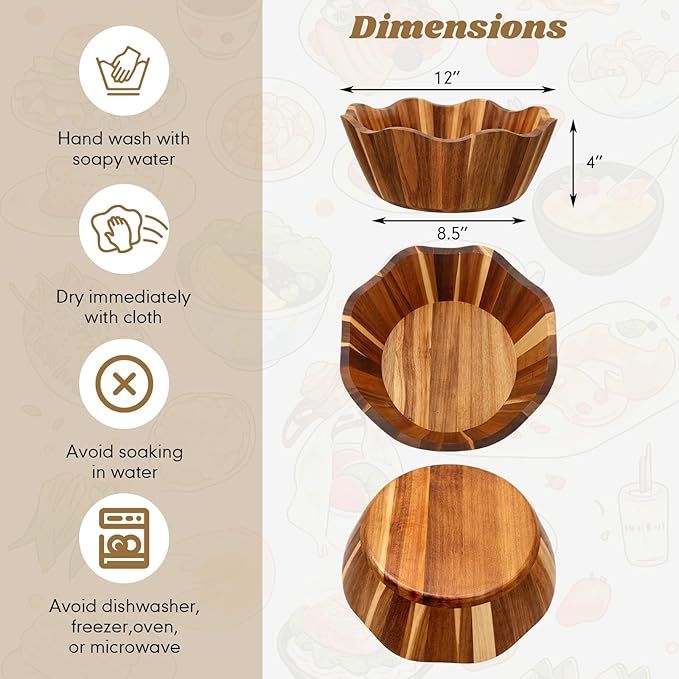 2 Pcs Scalloped Decorative Wooden Bowl 12 Inch Acacia Wood Fruit & Serving Bowl Handcrafted Rustic Decorative Bowls for Fruit, Salad, Snacks and Home Kitchen Counter Decor Wedding Decor