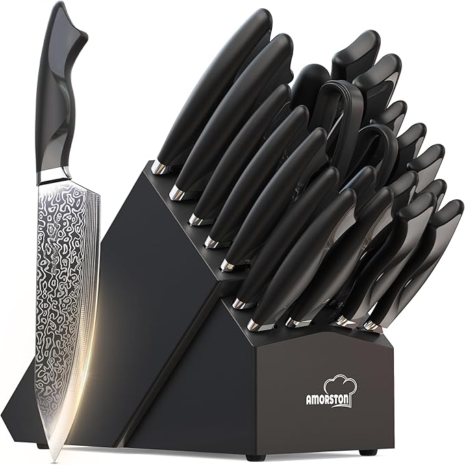 Amorston 22 Pieces Knife Set, Laser Engraved High Carbon Stainless Steel Knife Block Set, Full Tang Professional Kitchen Knife Set with Built-in Sharpener