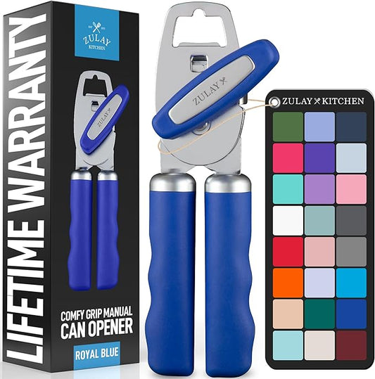 Zulay Kitchen Heavy Duty Stainless Steel Can Opener Manual with Bottle Opener - Rust Proof Manual Can Opener With Turn Knob & Comfy Soft Grip Handles - Royal Blue