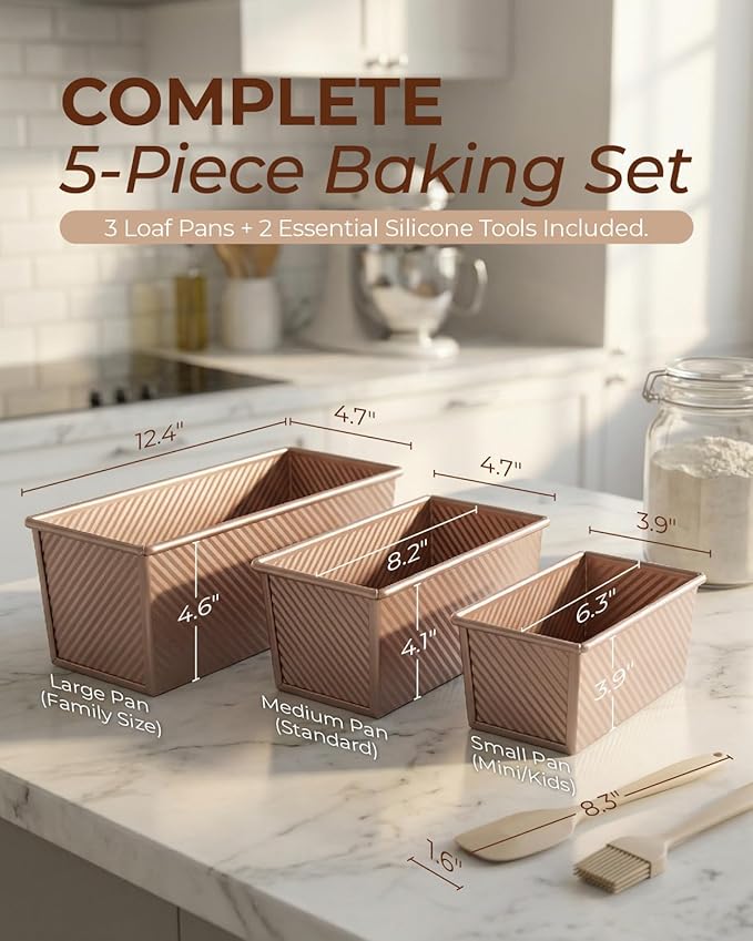 CARTMAN 3-Piece Pullman Loaf Pan with Lid Set – Non-Stick Carbon Steel Bread Pan with Bottom Vents – Includes Large (12.4"), Medium (8.2") & Mini (6.3") Sizes plus Silicone Tools – Champagne Gold