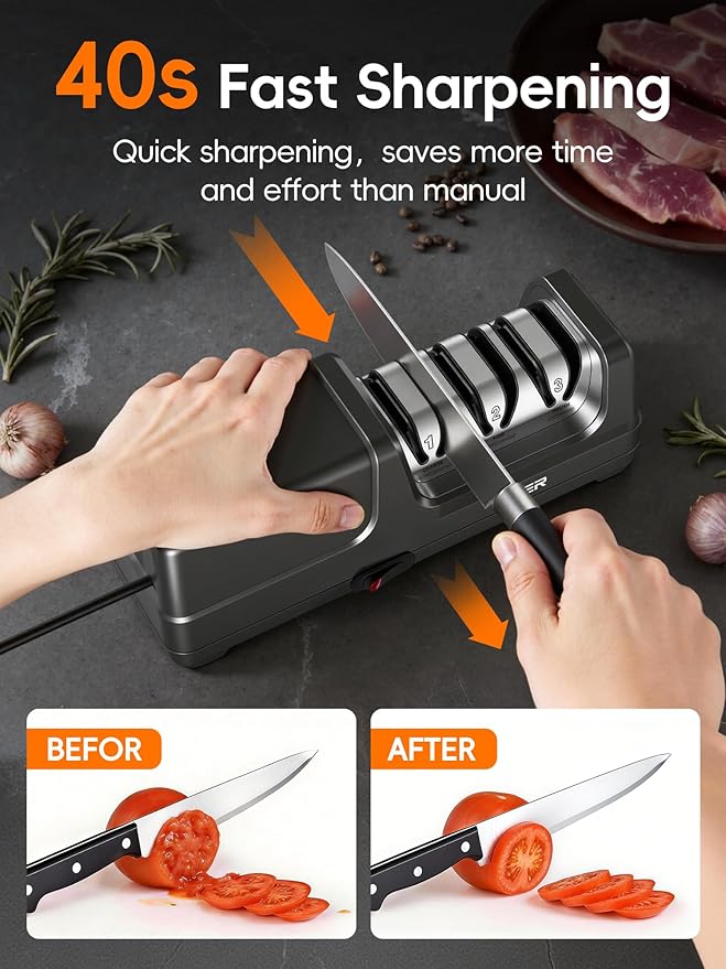 Electric Knife Sharpener, Precise 20° Diamond 3-Stage Knife Sharpener for Kitchen Knives, 40S Quick Sharpening & Polishing for Chef, Santoku, Ceramic Knives, Easy to Use for Beginners, Black