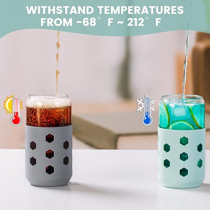 Glass Cups with Lids and Straws 4 Pcs, 16oz Glass Tumbler with Silicone Straw and Sleeve for Coffee Bar Accessory, Drinking Glasses Set Reusable Iced Coffee Cup - Smoothie Cup for Gifts