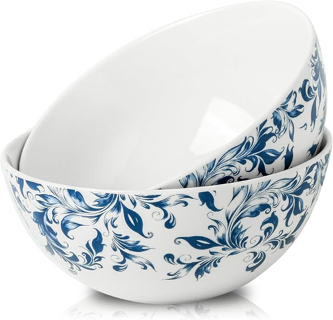 Blue Serving Bowls Set of 2, 42 oz Large Soup Bowl, Ceramic Pho Bowls for Cereal Salad Ramen Pasta Fruit, Blue and White bowls for Entertaining, Microwave Dishwasher Safe, Vintage