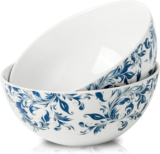 Blue Serving Bowls Set of 2, 42 oz Large Soup Bowl, Ceramic Pho Bowls for Cereal Salad Ramen Pasta Fruit, Blue and White bowls for Entertaining, Microwave Dishwasher Safe, Vintage