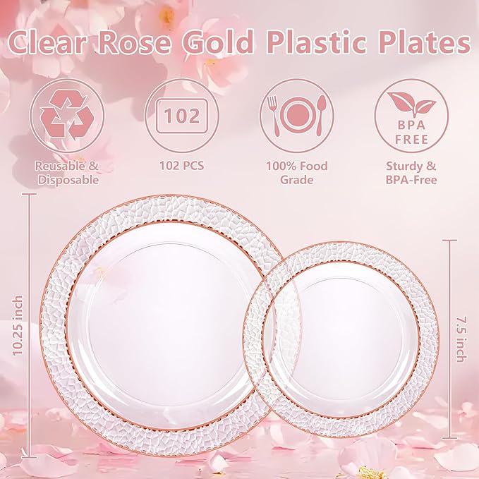 102PCS Rose Gold Plastic Plates - Clear Rose Gold Disposable Plates - Elegant Hammered Plate Include 51PCS 7.5inch Dessert & 51PCS 10.25inch Dinner Plate for Easter Party