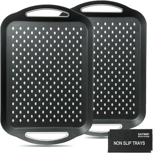 Large Anti-Slip Serving Tray with Handles, Dual Rubber Grippy Lap Food Trays for Eating, Dinning, Breakfast, on Couch/TV, Black - Set of 2