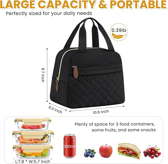 Insulated Lunch Bag for Women, Portable Lightweight Lunch Box for Adults, Reusable Lunch Tote Cooler Bags with Front Zipper Pocket for Work School Picnic(Black, Large)